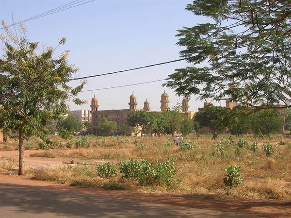 Red-brick mosque with minarets among trees and a dry dusty field
