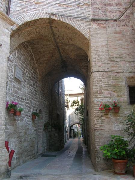 Medieval stone arch over a brick alleyway, flower pots hanging on the walls