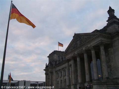 German flag waving in front of the Reichstag in Berlin under cloudy sky