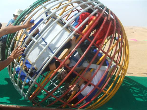 Tourists inside a colorful metal zorb ball, pushed on sand dunes