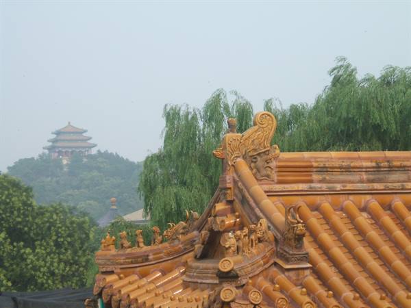 Yellow glazed palace roofs with dragon figures, Jingshan hill pagoda behind