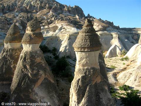 Fairy chimneys of Cappadocia, mushroom-shaped volcanic rocks in sunlight