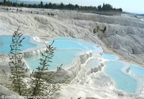 White travertine terraces with turquoise pools at Pamukkale