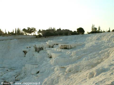 White travertine terraces at Pamukkale with trees on top