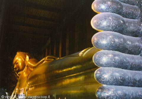 Golden Reclining Buddha at Wat Pho, Bangkok, mother-of-pearl inlaid feet