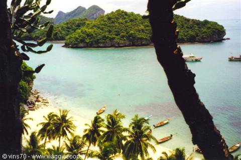 Turquoise bay with palms and wooden boats, green islets behind, Ang Thong park