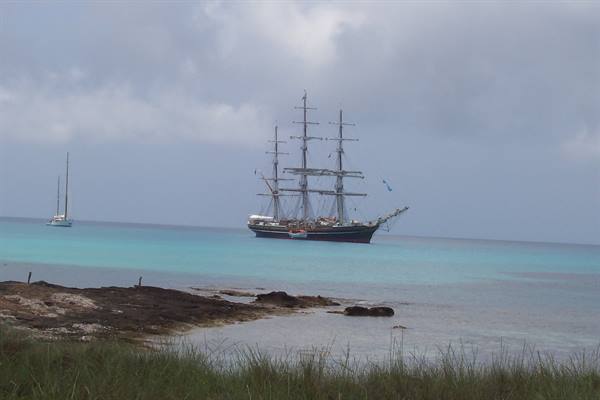 Three-masted tall ship anchored in turquoise water, rocks and grass in foreground