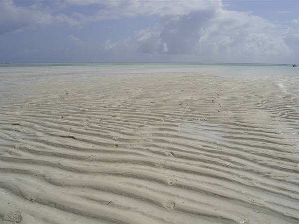 Rippled sand at low tide on a tropical beach, cloudy sky
