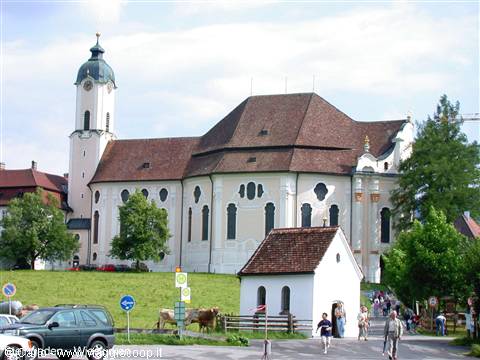 Tourists and cows in front of the white Wieskirche church with red roof