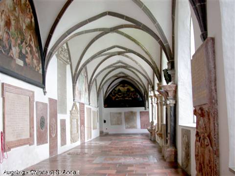 Augsburg cloister with groin vaults and marble memorial plaques along walls