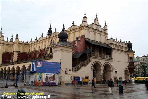 The Cloth Hall in Kraków, Renaissance facade with arcades under a grey sky