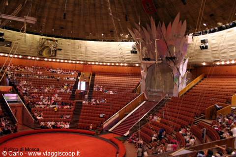 Red arena inside the Moscow Circus with wooden stands and scattered audience