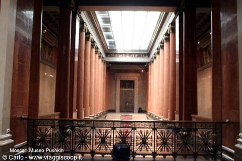Hall with red marble columns under skylight, Pushkin Museum, Moscow
