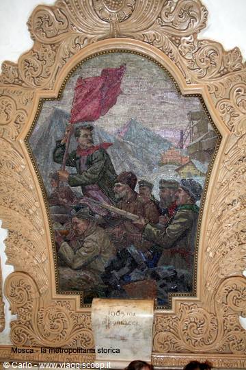 Soviet mosaic with revolutionaries and red flag, Moscow metro station