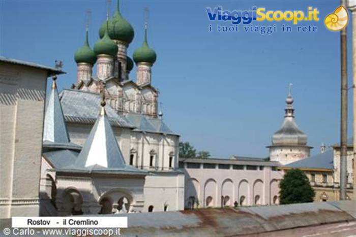 White churches with green onion domes at Rostov Kremlin