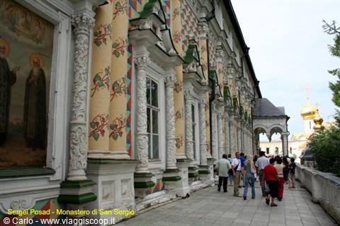 Tourists along the decorated gallery of the Trinity Sergius Monastery, Sergiev Posad