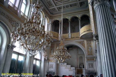 Crystal chandeliers and marble columns in the Hermitage Pavilion in Saint Petersburg