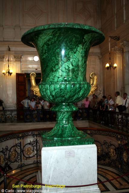 Huge green malachite vase with golden handles inside the Hermitage, Saint Petersburg
