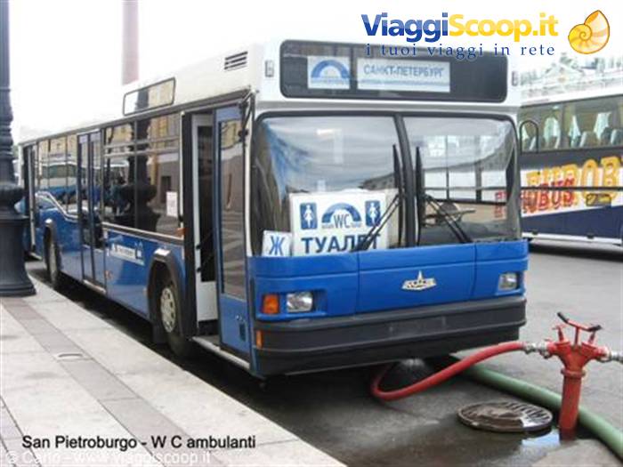 Blue bus in Saint Petersburg converted into public toilets, red hose at hydrant