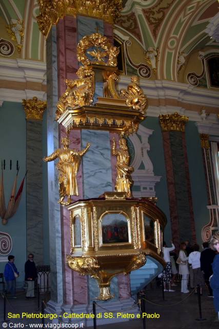 Gilded pulpit with statues inside the Peter and Paul Cathedral