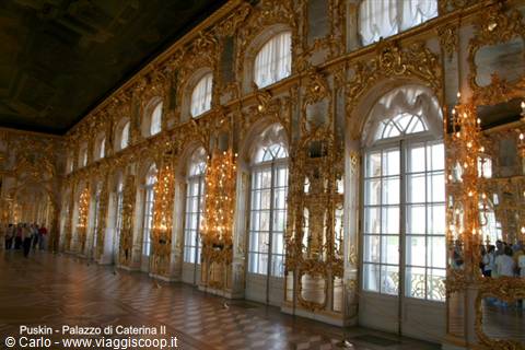Gilded hall with mirrors and tall windows, Catherine Palace, Tsarskoye Selo