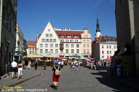 Tallinn town hall square, merchants' houses and tourists in the sun