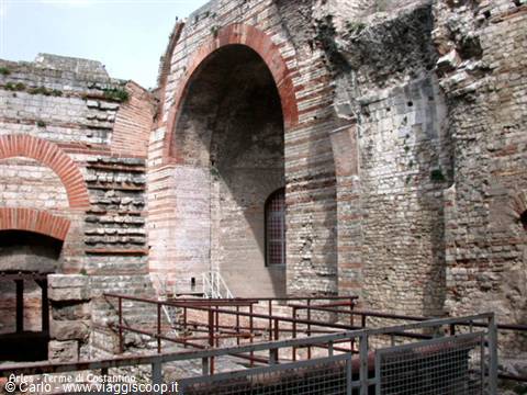 Baths of Constantine in Arles: brick and stone arches of ancient Roman ruins
