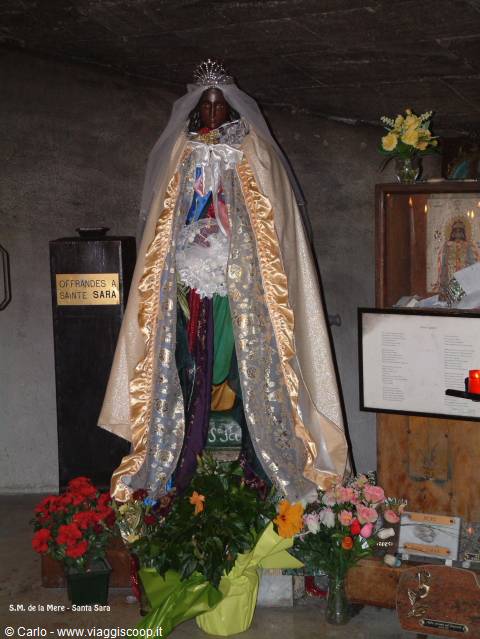 Statue of Saint Sarah with veil and golden cloak, crypt of Saintes-Maries-de-la-Mer