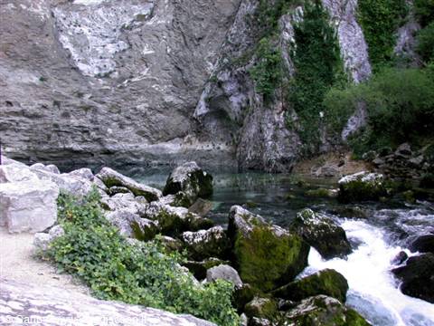 Turquoise spring flowing between limestone rocks and moss, Fontaine de Vaucluse