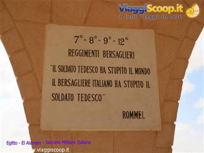 Marble plaque honoring Bersaglieri regiments with Rommel quote, El Alamein