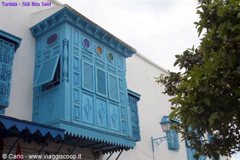 Blue wooden oriel window in Sidi Bou Said