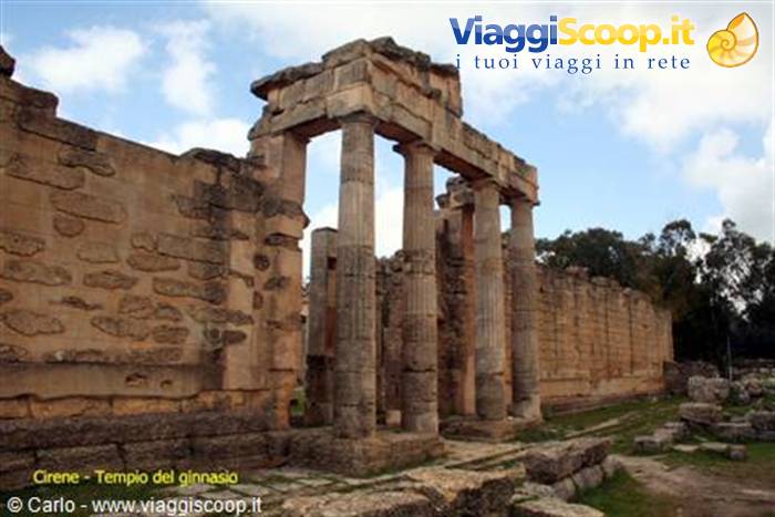 Stone columns of the gymnasium temple at Cyrene under cloudy sky