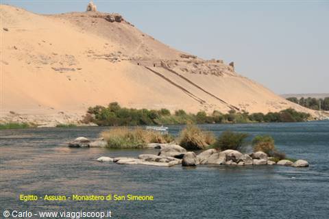 The Nile at Aswan with rocky islets and sand, San Simeon monastery