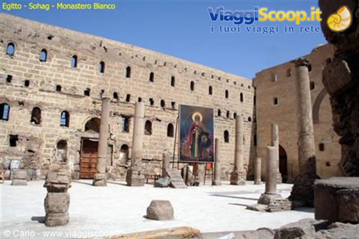 White Monastery in Sohag: stone column courtyard with large painted icon