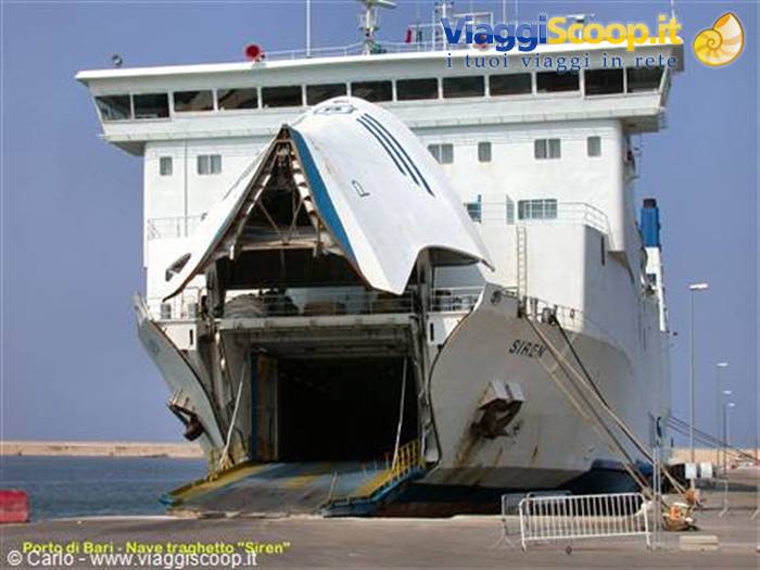 Siren ferry with open bow ramp lowered at Bari port