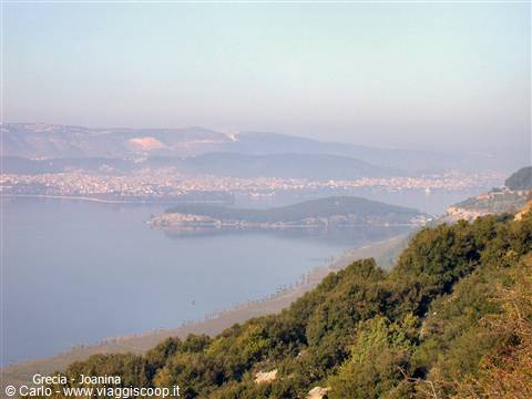 Lake Ioannina with its island and the hazy town beyond