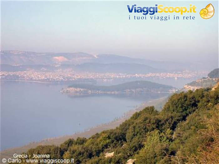Lake Ioannina with its island and the hazy town beyond