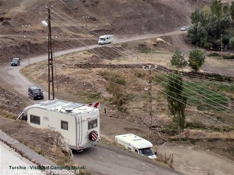 Motorhomes parked on dirt road among dry hills and power poles