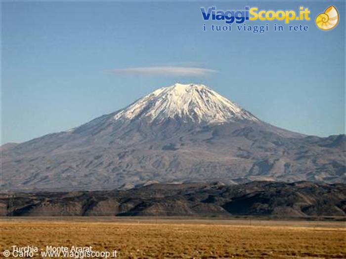 Snow-capped Mount Ararat with lenticular cloud over summit, arid plain below