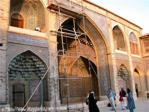 Scaffolding inside Nasir al-Mulk Mosque, Shiraz, blue tiles and visitors
