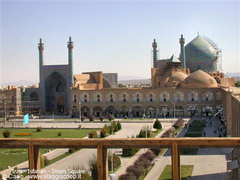 Naqsh-e Jahan Square in Isfahan, Shah Mosque and dome under restoration in sunlight