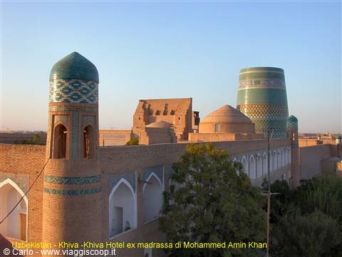 Minarets and brick domes of Mohammed Amin Khan madrasa in Khiva