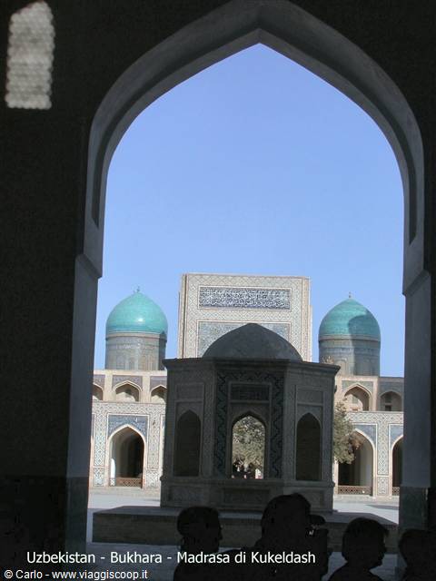 Kukeldash Madrasa in Bukhara, turquoise domes framed by a brick arch