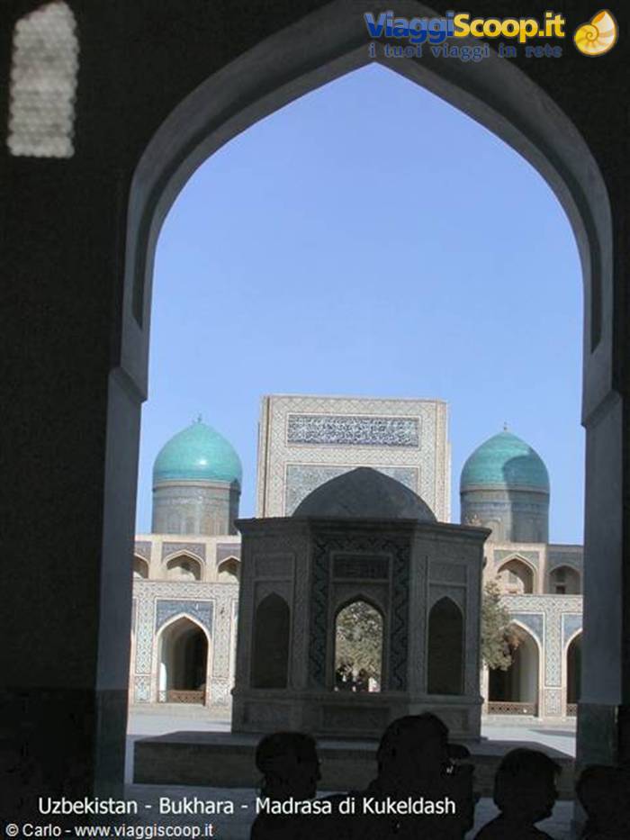 Kukeldash Madrasa in Bukhara, turquoise domes framed by a brick arch
