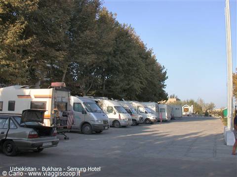 Motorhomes parked under tall trees at Semurg Hotel, Bukhara