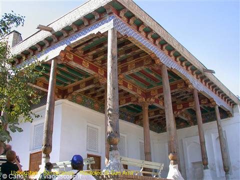 Carved wooden columns and painted ceiling of Khudayarkhan Palace, Kokand