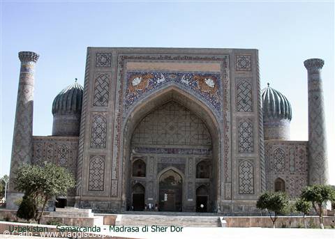 Sher Dor Madrasa in Samarkand, blue tiled facade under bright sun