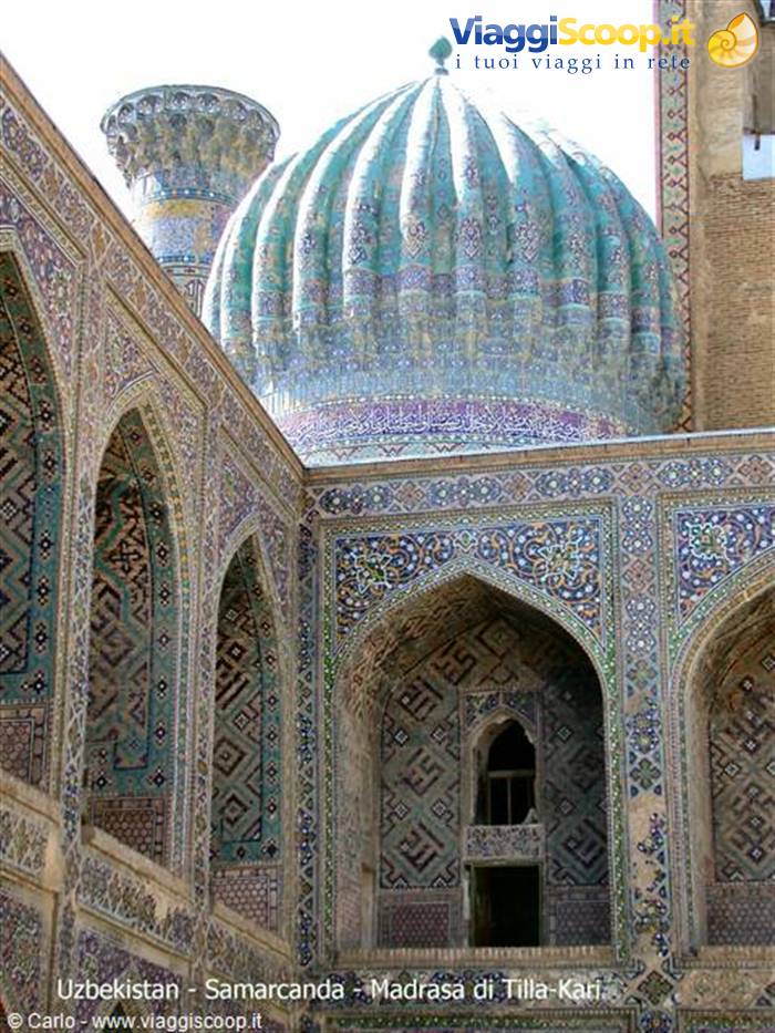 Tilla-Kari madrasa in Samarkand, turquoise ribbed dome and glazed tiles