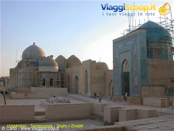 Shah-i-Zinda necropolis in Samarkand, brick mausoleums with turquoise tiles