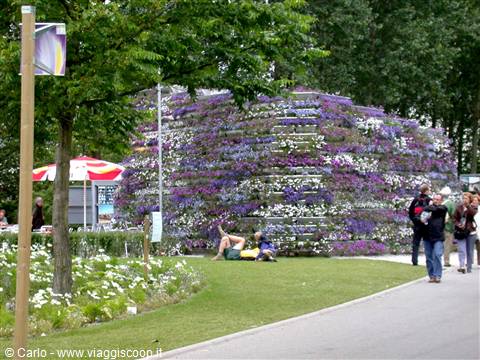 Wall covered with purple and white flowers, visitors relaxing on the grass